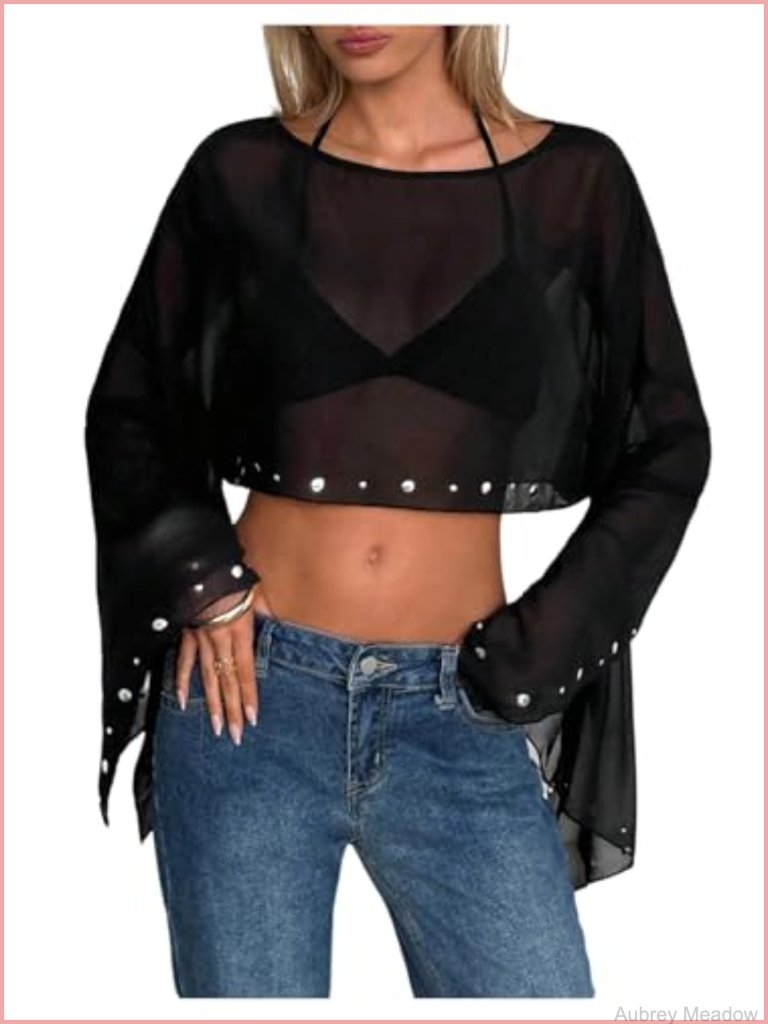 Women's Studded Chiffon Crop Blouse Asymmetrical Long Sleeve Rave Top